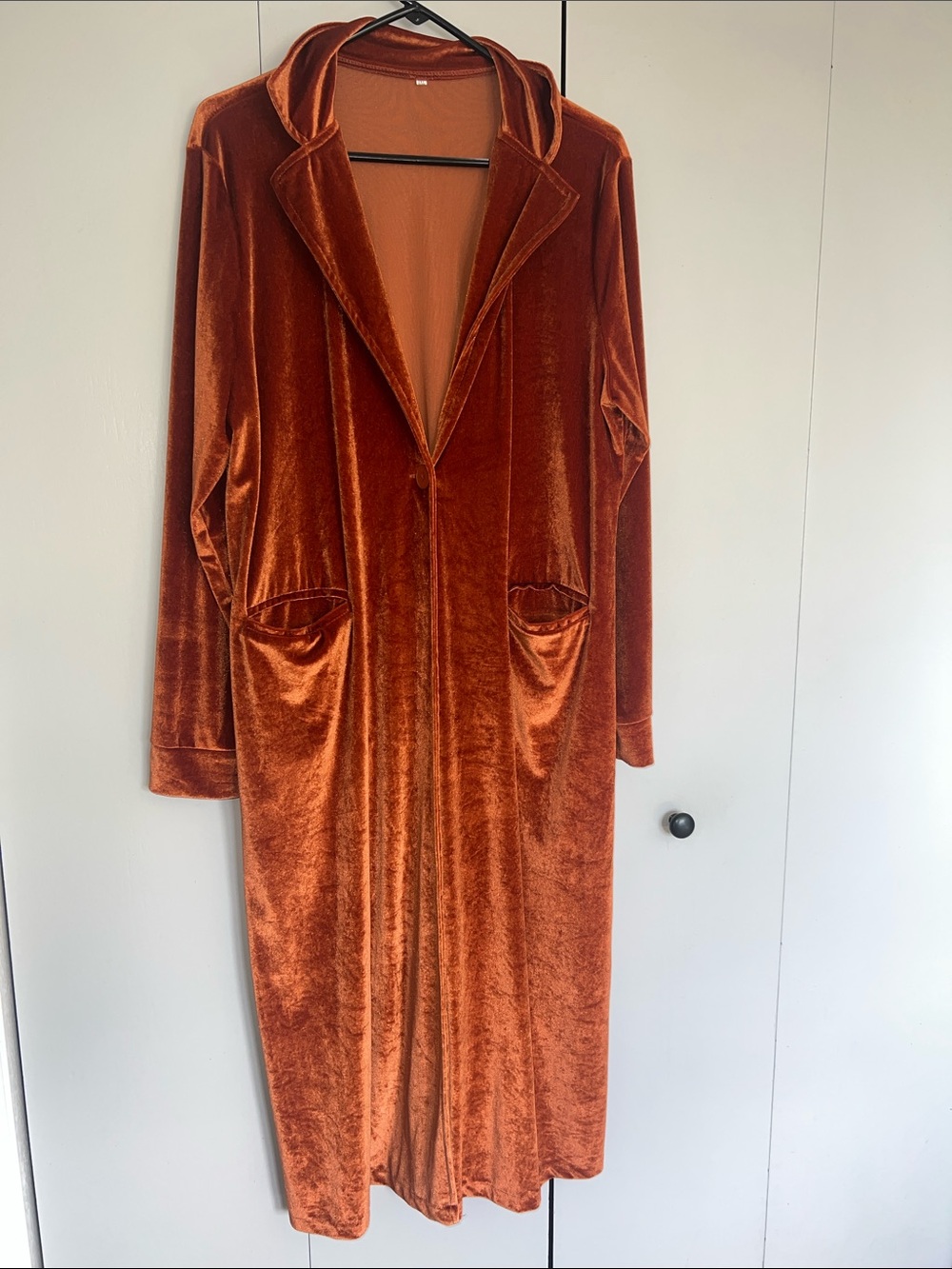 Retro Velvet Long Sleeve Pocket Coat- Burnt Orange Vintage